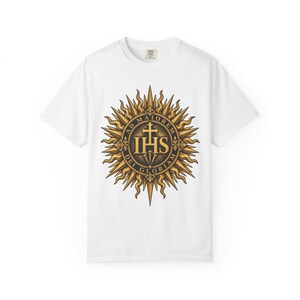 IHS Christogram Tee, AMDG Golden Sunburst, For the Greater Glory of God, Latin Catholic Gift for Jesuit Alumni or Graduates, Comfort Colors image 3