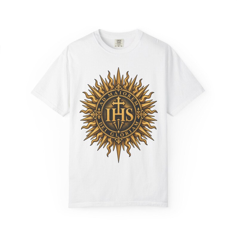 IHS Christogram Tee, AMDG Golden Sunburst, For the Greater Glory of God, Latin Catholic Gift for Jesuit Alumni or Graduates, Comfort Colors image 3