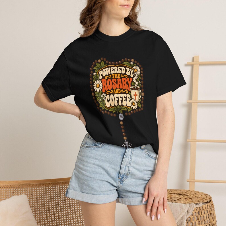 Funny Rosary and Coffee Tee, Retro Catholic Mom Gift, Caffeine Prayer Top for Women, Christian Humor Apparel for Teachers, Comfort Colors image 10