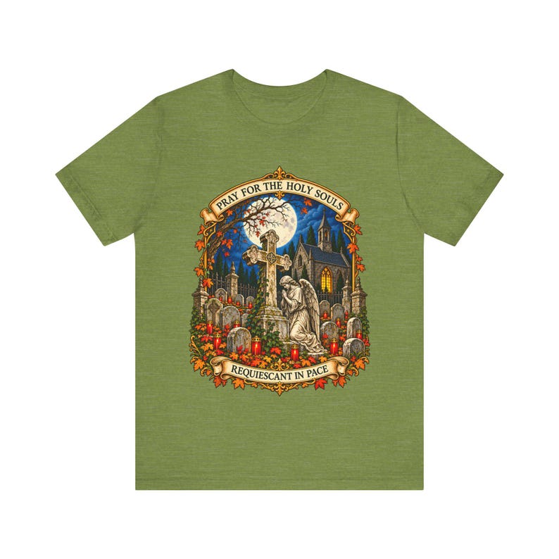Camiseta "Pray for the Holy Souls", Camiseta católica "Requiescant in Pace" del Purgatorio, Regalo de recuerdo de noviembre, Arte de ángel de cementerio, Camiseta Bella Canvas imagen 3
