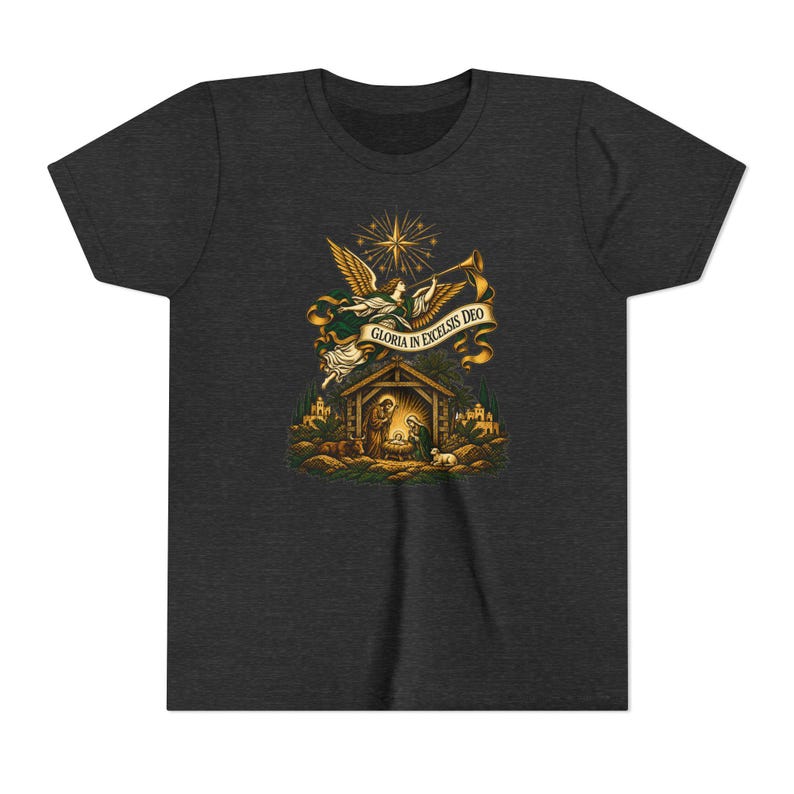 Kids Herald Angel Trumpet Shirt, Youth Glory to God in the Highest Tee, Christian Christmas Gift for Kids, Vintage Nativity image 13