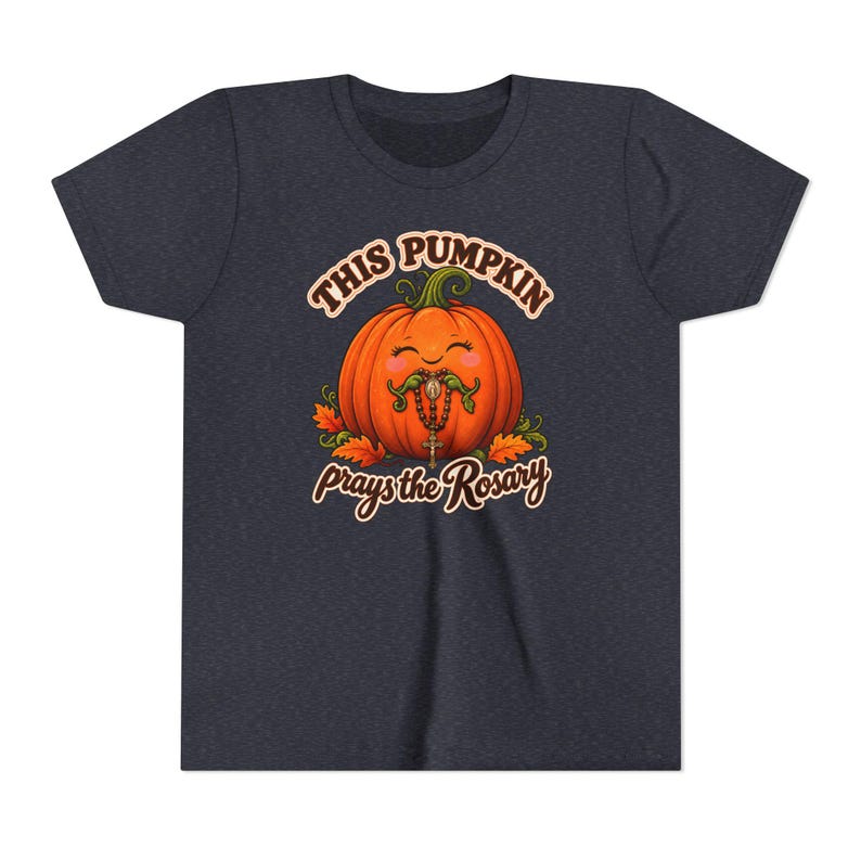 Youth Catholic Halloween Shirt, Pumpkin Prays Rosary, Fall Harvest Gift image 6