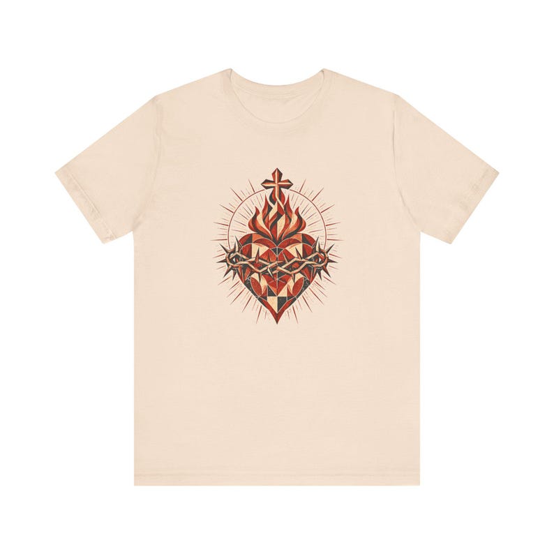 Geometrisk skjorta med Jesu heliga hjärta, modern minimalistisk Cor Jesu-konst, fasetterad katolsk gåva för tonåringar, konfirmation, RCIA, törnekrona bild 5