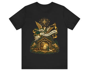 Camiseta de ángel navideño, camiseta Gloria in Excelsis Deo Herald, arte navideño vintage, regalo cristiano para coro, estrella de Belén, festividad católica