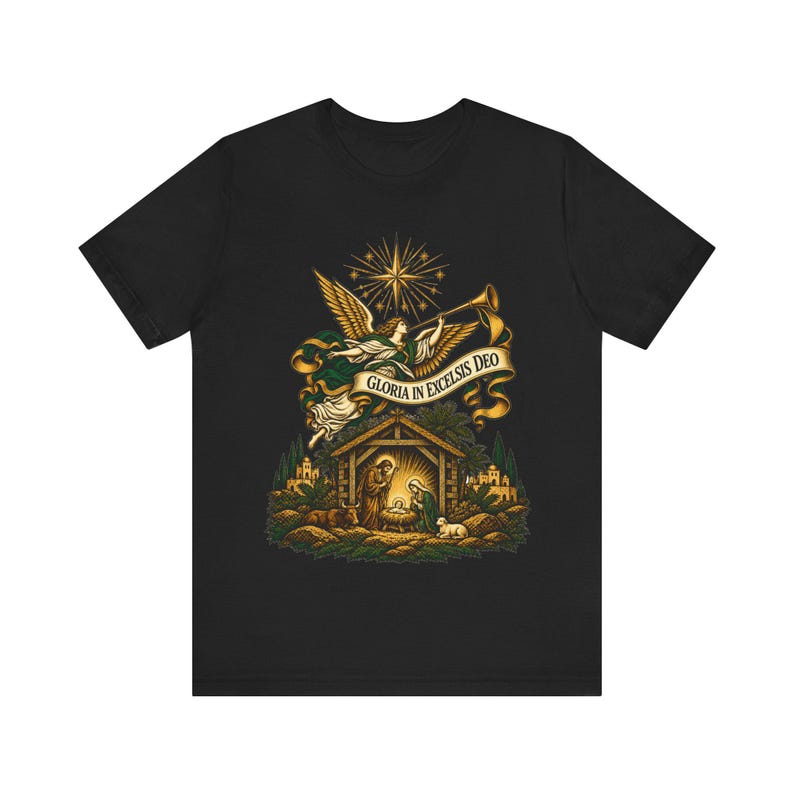 Christmas Angel Shirt, Gloria in Excelsis Deo Herald Tee, Vintage Nativity Art, Christian Gift for Choir, Bethlehem Star, Catholic Holiday image 1