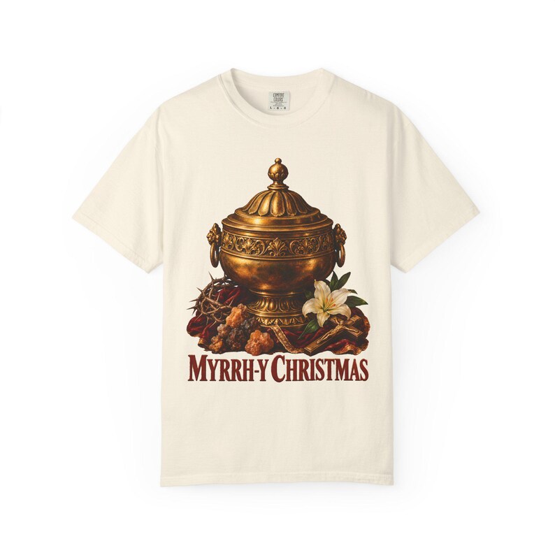 Myrrh-y Christmas Comfort Colors Shirt | Funny Catholic Christmas T-Shirt | Christmas Gift | Golden Jar of Myrrh image 2