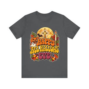 Catholic Halloween Tee, Retro Groovy All Hallows Eve Shirt, Cross Moon Ghost (Adults) image 7