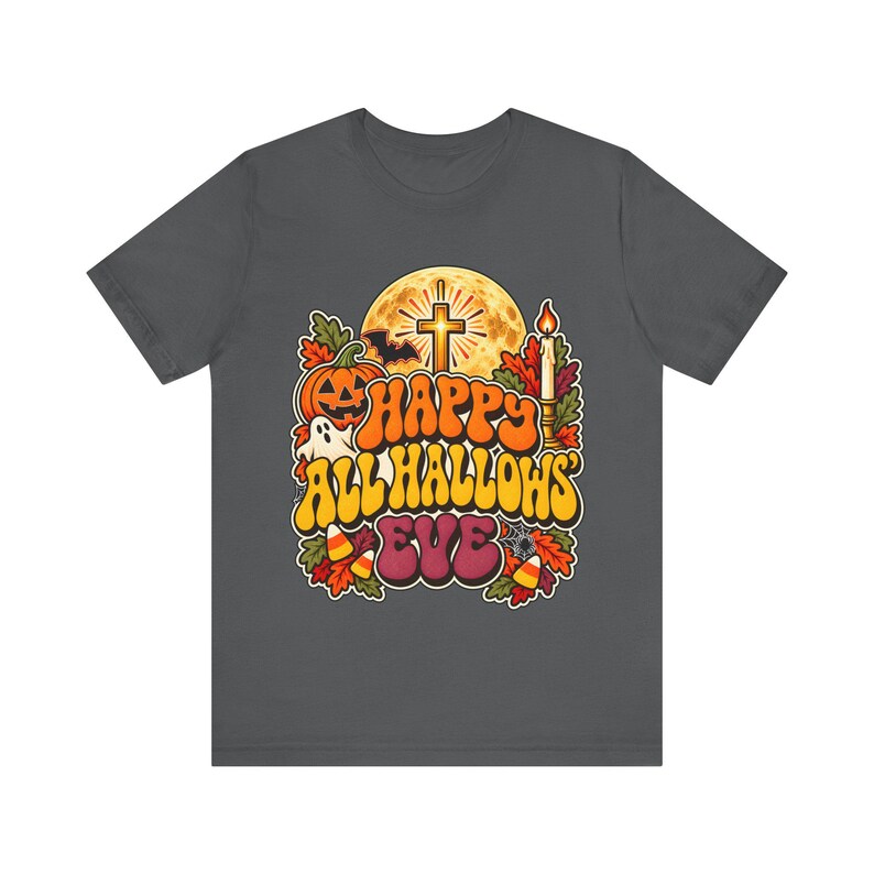 Catholic Halloween Tee, Retro Groovy All Hallows Eve Shirt, Cross Moon Ghost (Adults) image 7