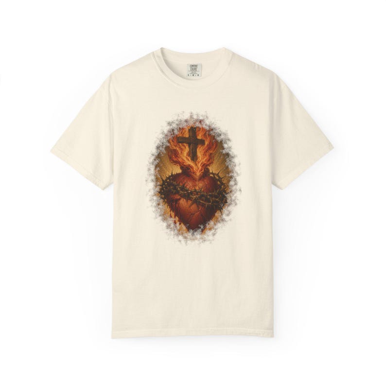 Leuchtendes T-Shirt mit Herz-Jesu-Motiv, Holzkreuz und goldenen Strahlen, Vintage-Geschenk für Väter, Dornenkrone, Erster Freitag im Monat, Wohlfühlfarben Bild 2
