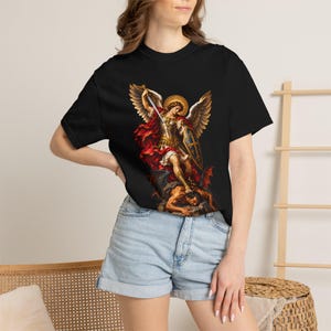 Archangel Michael Tee, Triumphant Angel Crushing the Devil, Warrior Prayer Gift for Dad, Godson or Husband, Comfort Colors image 1