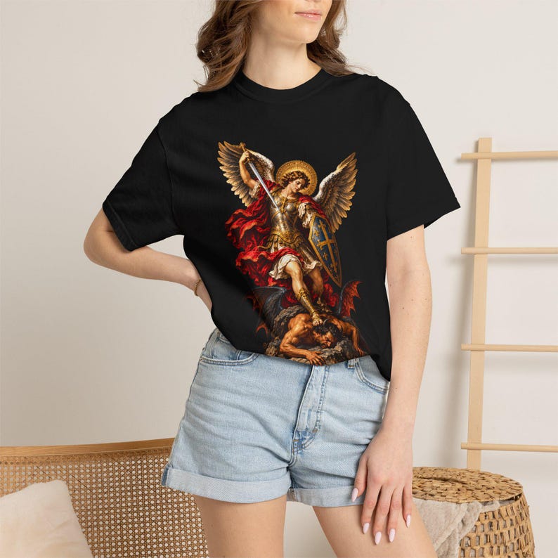 Archangel Michael Tee, Triumphant Angel Crushing the Devil, Warrior Prayer Gift for Dad, Godson or Husband, Comfort Colors image 1