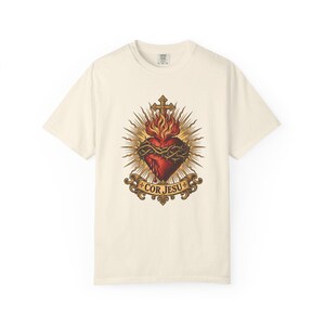 Sacred Heart Sunburst Tee, Cor Jesu Blazing Golden Rays, Crown of Thorns Catholic Religious Gift for Him or Her, Comfort Colors image 2