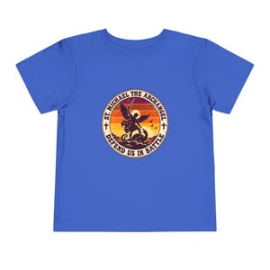 Toddler Retro St Michael Badge Tee, Defend Us in Battle Shirt, Catholic Gift for Toddlers, Archangel Slaying Dragon Sunset image 12