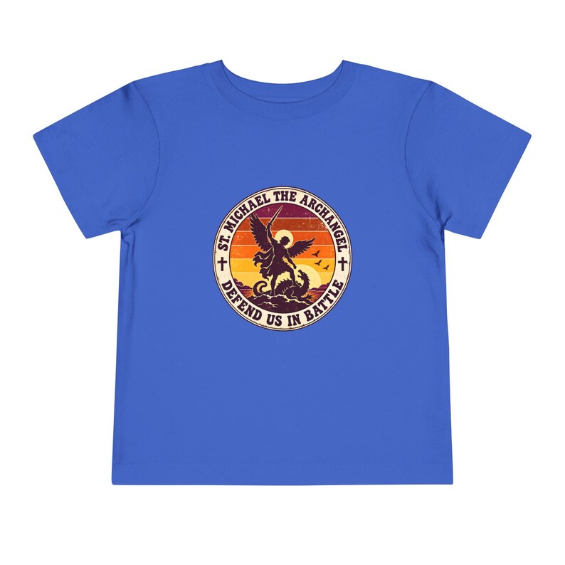 Toddler Retro St Michael Badge Tee, Defend Us in Battle Shirt, Catholic Gift for Toddlers, Archangel Slaying Dragon Sunset image 12