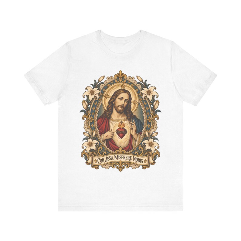 Jesu heliga hjärtas porträttskjorta, Cor Jesu Miserere Nobis helig kortskjorta, Batoni-stil katolsk konst med liljor, kristen gåva för män bild 2
