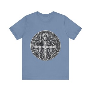 Silver St Benedict Medal Shirt, Engraved Monk Holding Crucifix Tee, CSPB Vade Retro Satana Emblem, Catholic Protection Gift, OSB Oblate image 4
