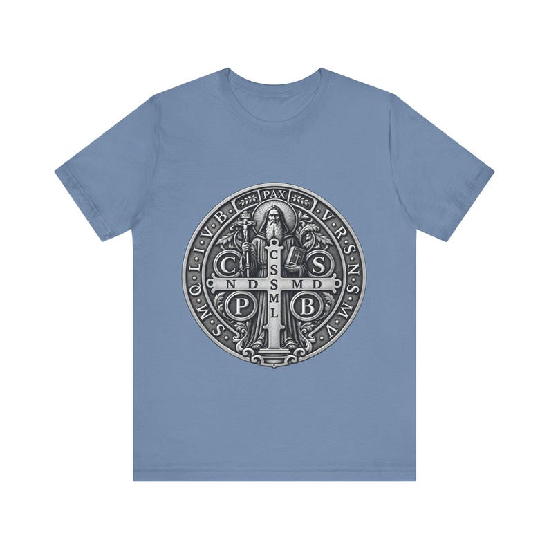 Silver St Benedict Medal Shirt, Engraved Monk Holding Crucifix Tee, CSPB Vade Retro Satana Emblem, Catholic Protection Gift, OSB Oblate image 4