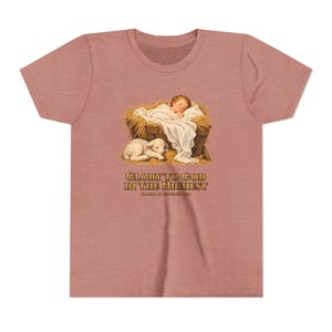 Kids Glory to God in the Highest Shirt, Youth Nativity Christmas Tee, Catholic Christmas Gift for Kids, Baby Jesus in the Manger image 3
