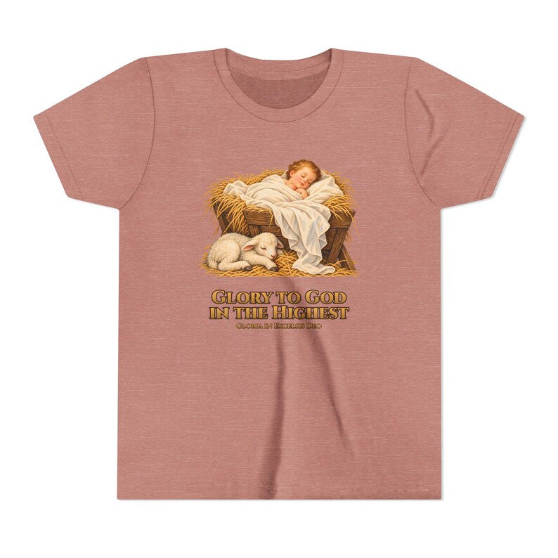 Kids Glory to God in the Highest Shirt, Youth Nativity Christmas Tee, Catholic Christmas Gift for Kids, Baby Jesus in the Manger image 3