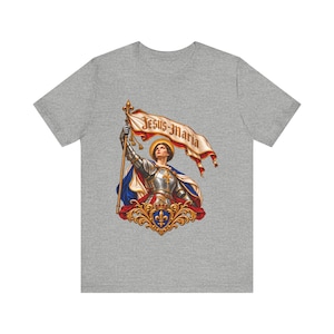 St Joan of Arc Shirt, Jesus Maria Banner Maid of Orleans in Armor, Catholic Saint Tee, Confirmation Gift for Her, French Heroine Art image 1
