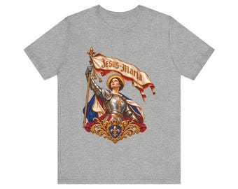 Camiseta de Santa Juana de Arco, Jesús María Banner Doncella de Orleans con Armadura, Camiseta de Santa Católica, Regalo de Confirmación para Ella, Arte de Heroína Francesa