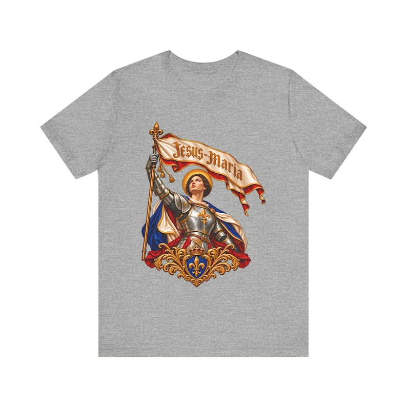 St Joan of Arc Shirt, Jesus Maria Banner Maid of Orleans in Armor, Catholic Saint Tee, Confirmation Gift for Her, French Heroine Art image 1