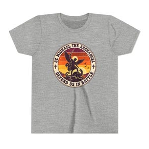 Kids Retro St Michael Badge Shirt, Youth Defend Us in Battle Tee, Catholic Boys Gift, Archangel Slaying Dragon Sunset image 12