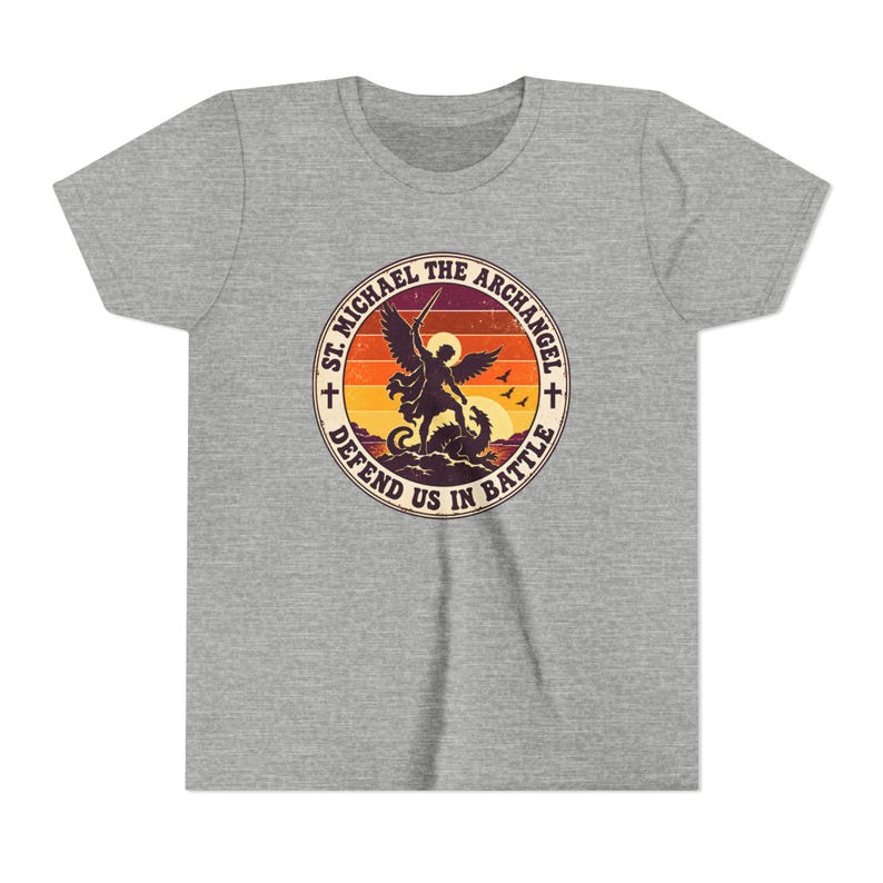 Kids Retro St Michael Badge Shirt, Youth Defend Us in Battle Tee, Catholic Boys Gift, Archangel Slaying Dragon Sunset image 12