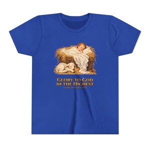 Kids Glory to God in the Highest Shirt, Youth Nativity Christmas Tee, Catholic Christmas Gift for Kids, Baby Jesus in the Manger image 13