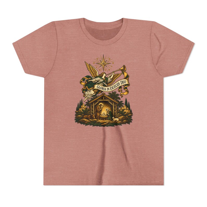 Kids Herald Angel Trumpet Shirt, Youth Glory to God in the Highest Tee, Christian Christmas Gift for Kids, Vintage Nativity image 3