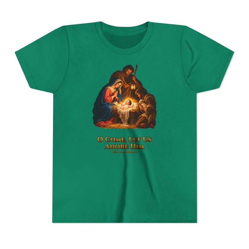 Kids O Come Let Us Adore Him Shirt, Youth Nativity Christmas Tee, Catholic Christmas Gift for Kids, Holy Family Venite Adoremus image 9