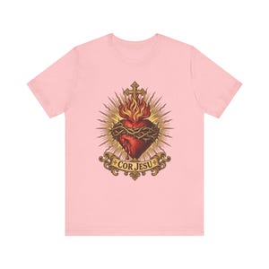 T-Shirt mit Herz-Jesu-Motiv | Katholisches T-Shirt | Geschenkidee für Männer am ersten Freitag im Monat | Goldene Sonnenstrahlen, Herz Jesu Bild 7
