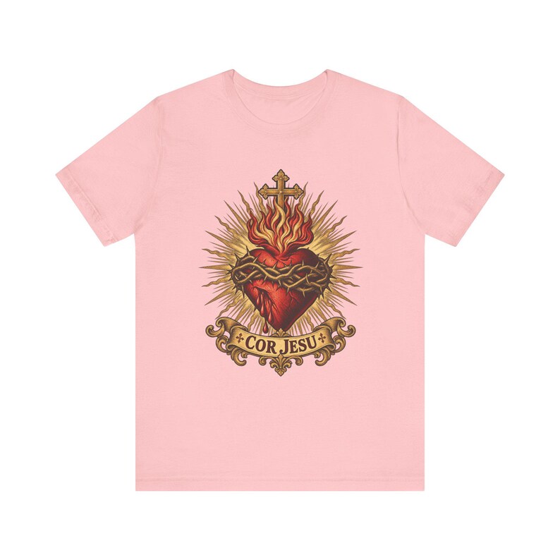 T-Shirt mit Herz-Jesu-Motiv | Katholisches T-Shirt | Geschenkidee für Männer am ersten Freitag im Monat | Goldene Sonnenstrahlen, Herz Jesu Bild 7