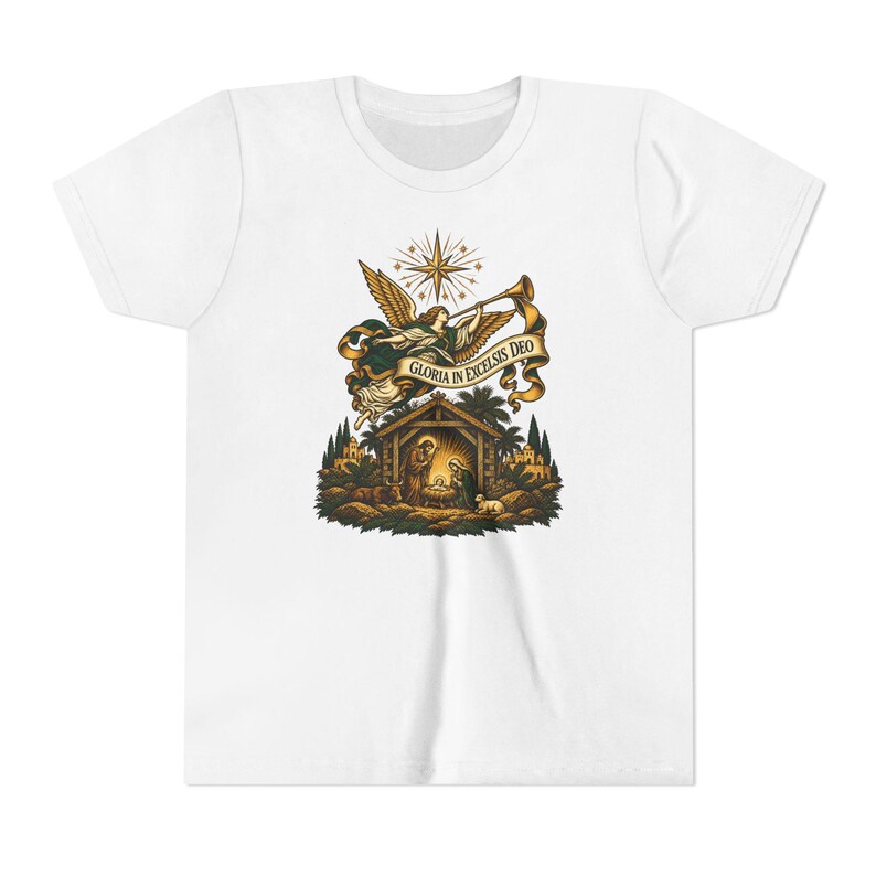 Kids Herald Angel Trumpet Shirt, Youth Glory to God in the Highest Tee, Christian Christmas Gift for Kids, Vintage Nativity image 1
