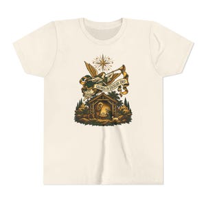Kids Herald Angel Trumpet Shirt, Youth Glory to God in the Highest Tee, Christian Christmas Gift for Kids, Vintage Nativity image 6