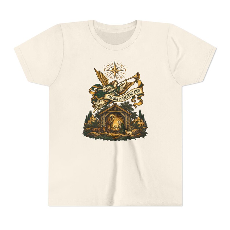 Kids Herald Angel Trumpet Shirt, Youth Glory to God in the Highest Tee, Christian Christmas Gift for Kids, Vintage Nativity image 6