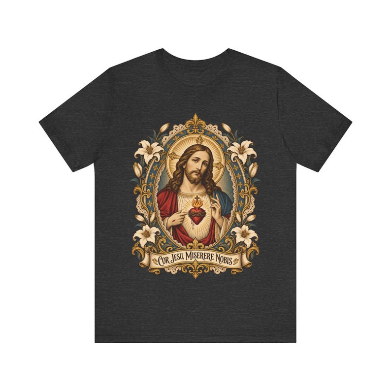 Jesu heliga hjärtas porträttskjorta, Cor Jesu Miserere Nobis helig kortskjorta, Batoni-stil katolsk konst med liljor, kristen gåva för män bild 6