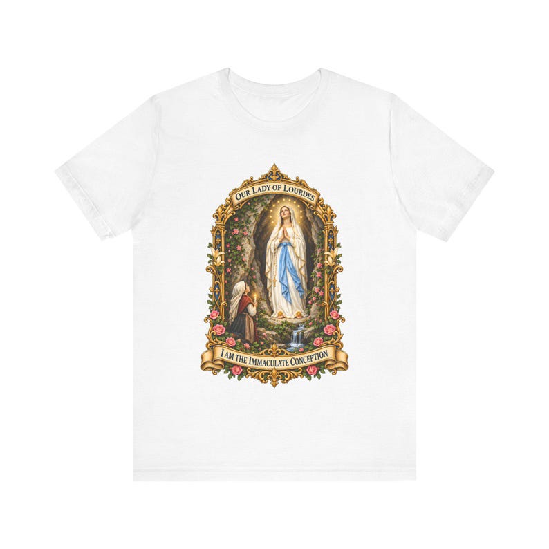 Our Lady of Lourdes Shirt, I Am the Immaculate Conception Tee, St Bernadette Grotto Art, Catholic Marian Gift for Women, Pilgrimage image 2