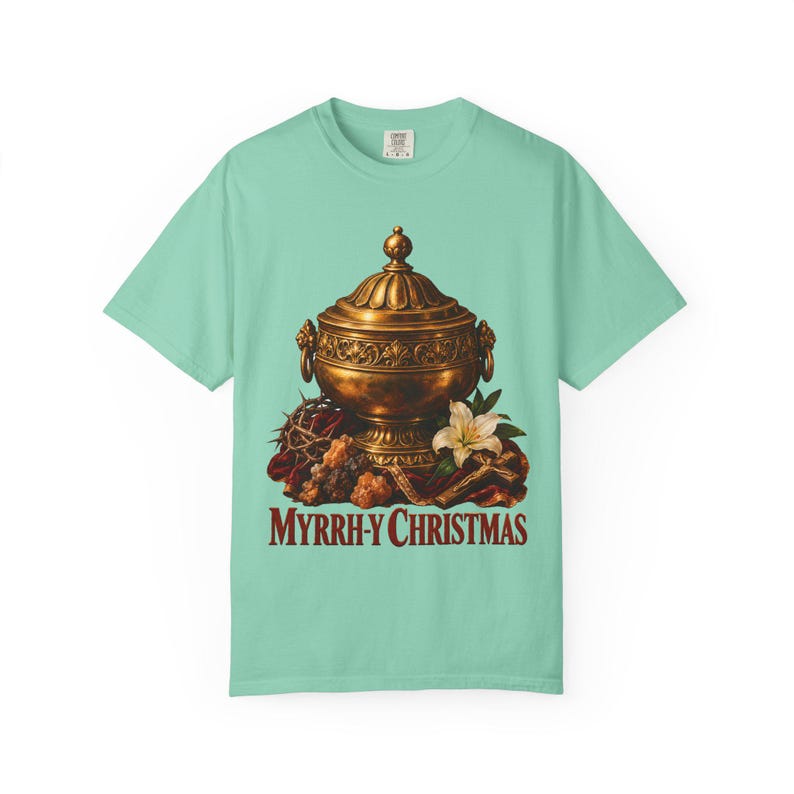 Myrrh-y Christmas Comfort Colors Shirt | Funny Catholic Christmas T-Shirt | Christmas Gift | Golden Jar of Myrrh image 5