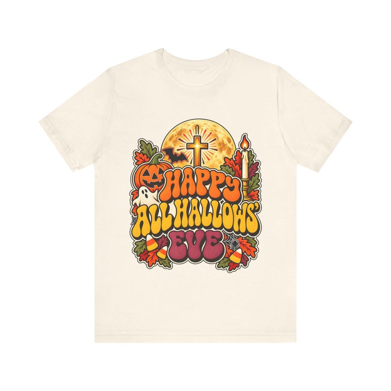 Catholic Halloween Tee, Retro Groovy All Hallows Eve Shirt, Cross Moon Ghost (Adults) image 4