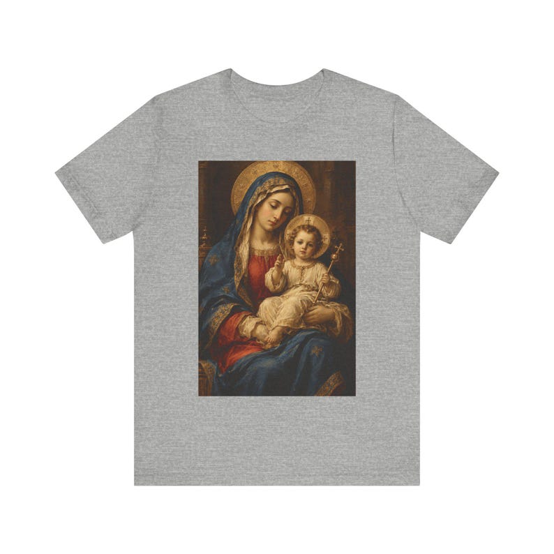 Virgin Mary Shirt, Enthroned Madonna and Child Old Master Painting, Blessed Mother Gift for Mom, Renaissance Catholic Art Tee, Marian Top image 1