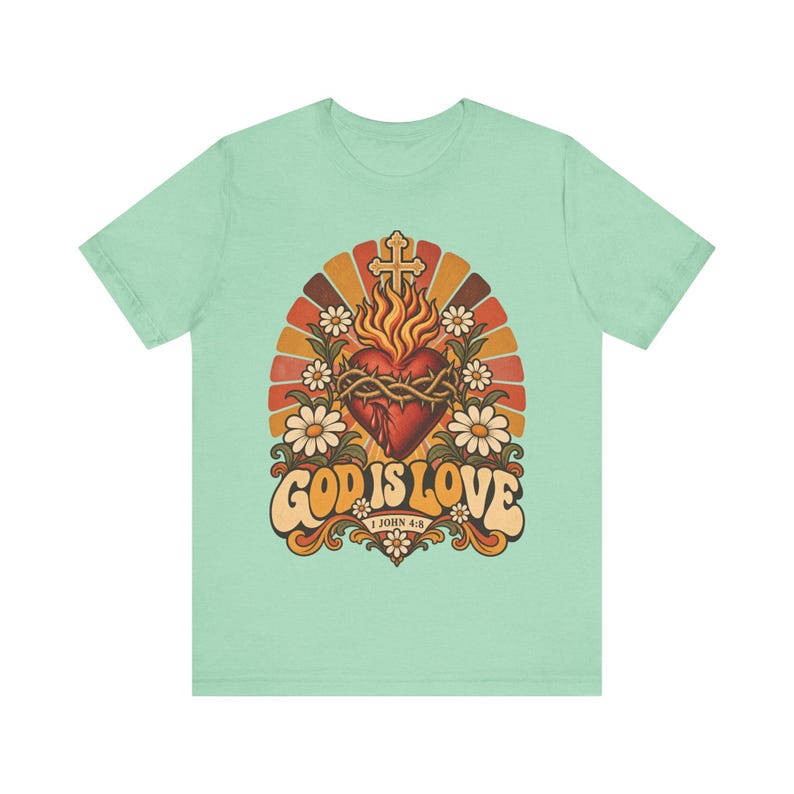 1 John 4:8 Shirt | Catholic T-Shirt | Faith Gift for Women | God Is Love, Retro Sacred Heart Sunburst immagine 4