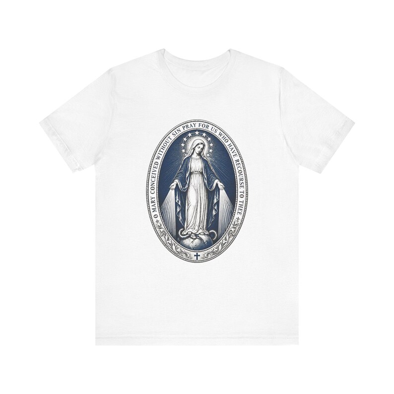 Mirakulös medaljskjorta | Katolsk t-shirt | Jungfru Maria-gåva för kvinnor | O Maria, avlad utan synd bild 2