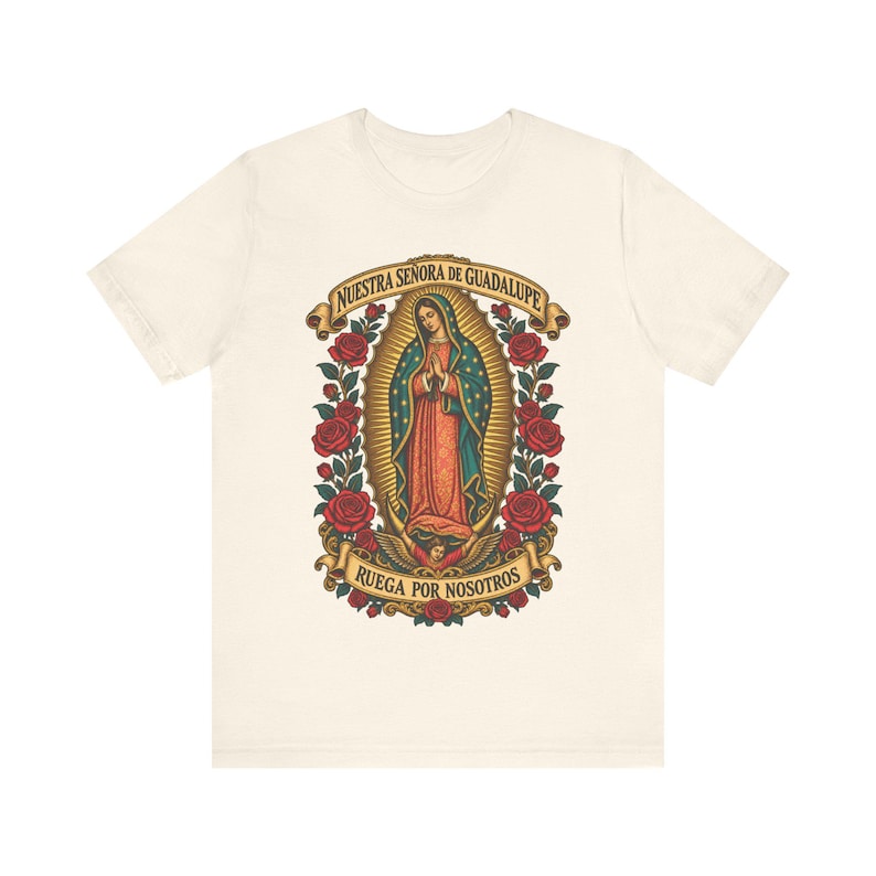 Guadalupe Shirt, La Guadalupana Ornate Virgen Morena Tee, Ruega por Nosotros, Our Lady of Tepeyac Holy Card Art, Mexican Gift for Mom image 3