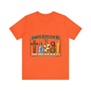 Vampire Repellent Kit Shirt, Funny Catholic Halloween Tee, Crucifix Garlic and St Benedict Medal Art, All Hallows Eve Gift, Bella Canvas Tee image 7