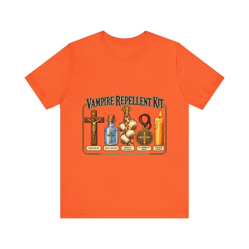 Vampire Repellent Kit Shirt, Funny Catholic Halloween Tee, Crucifix Garlic and St Benedict Medal Art, All Hallows Eve Gift, Bella Canvas Tee image 7