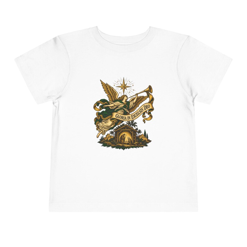 Toddler Nativity Angel Tee, Gloria in Excelsis Deo Christmas Shirt, Catholic Christmas Gift for Toddlers, Star of Bethlehem Art image 1