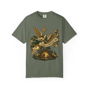 Nativity Angel Tee, Gloria in Excelsis Deo Trumpet, Christian Christmas Gift for Parents, Star of Bethlehem Holy Family Art, Comfort Colors image 4
