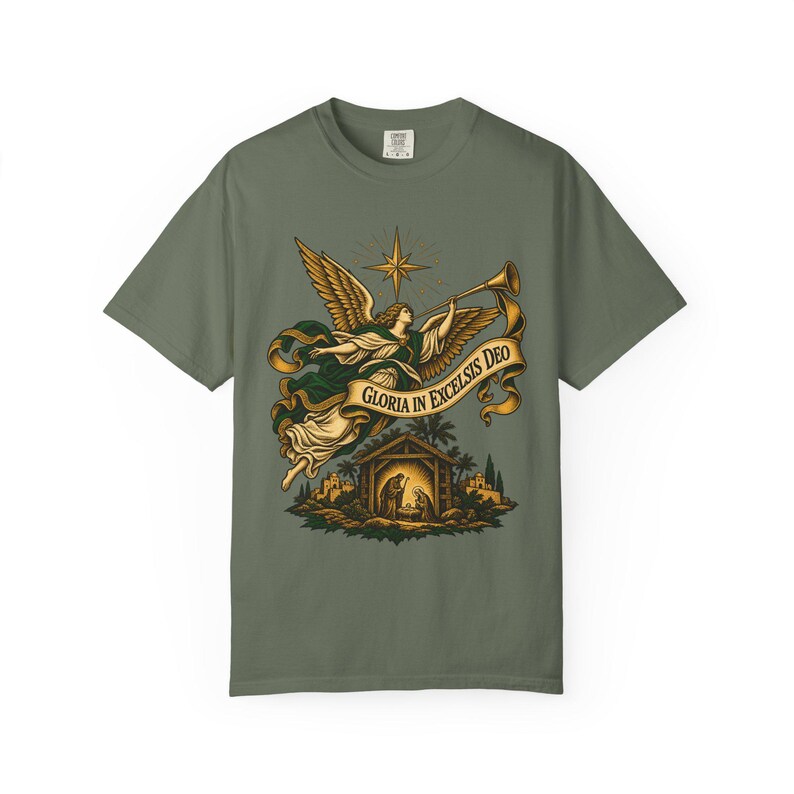 Nativity Angel Tee, Gloria in Excelsis Deo Trumpet, Christian Christmas Gift for Parents, Star of Bethlehem Holy Family Art, Comfort Colors image 4