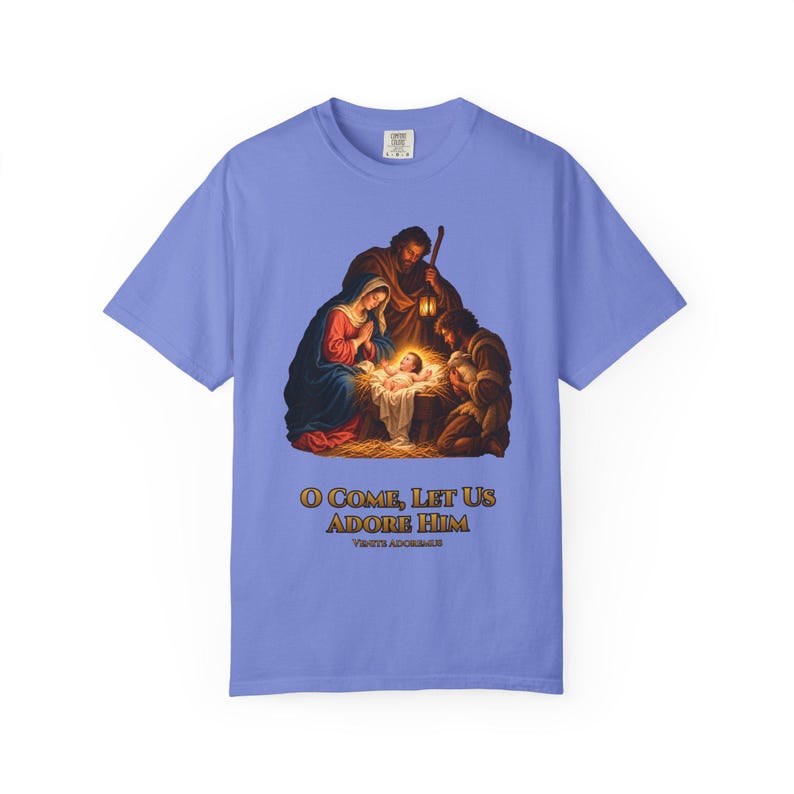 O Come Let Us Adore Him Comfort Colors Shirt | Catholic Christmas Nativity T-Shirt | Christmas Gift | Holy Family at the Manger image 10
